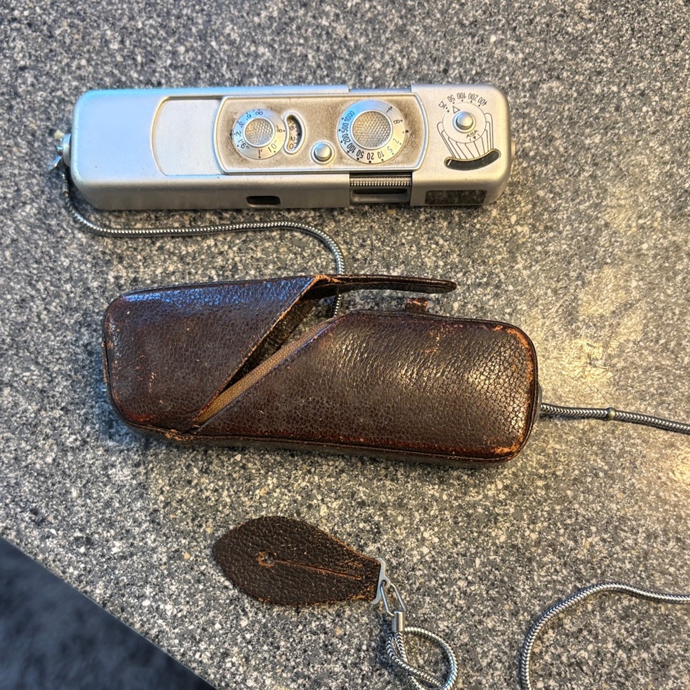 Vintage Silver Mini Camera with Brown Leather Case- antique spy camera
